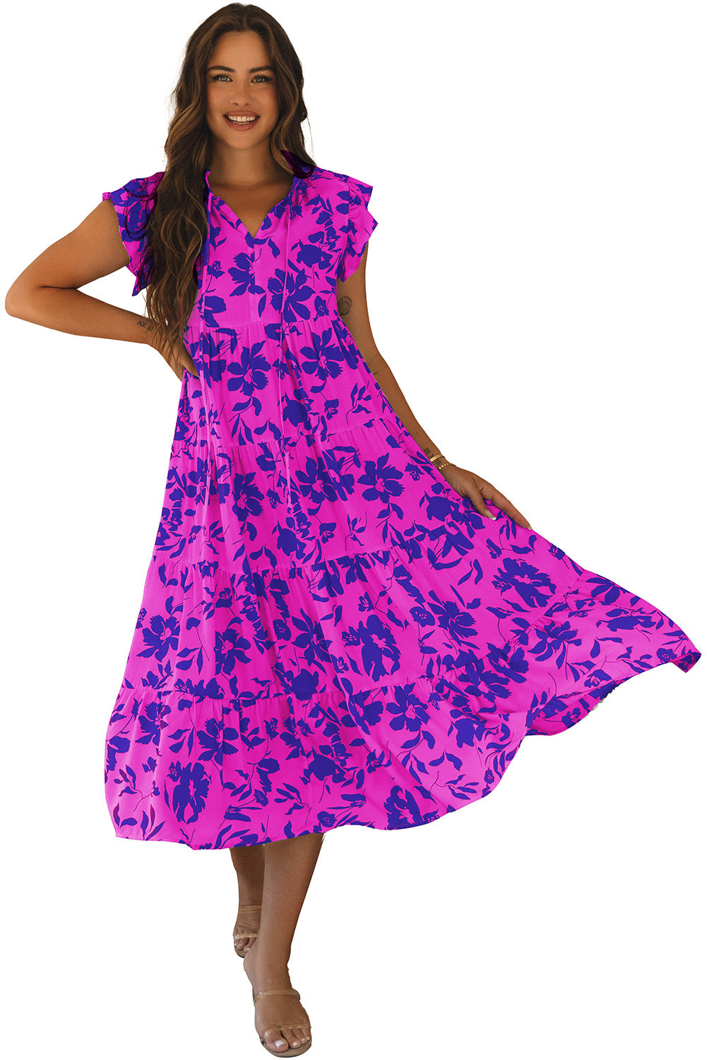 Robe longue a manches flottantes et a volants et imprimé floral