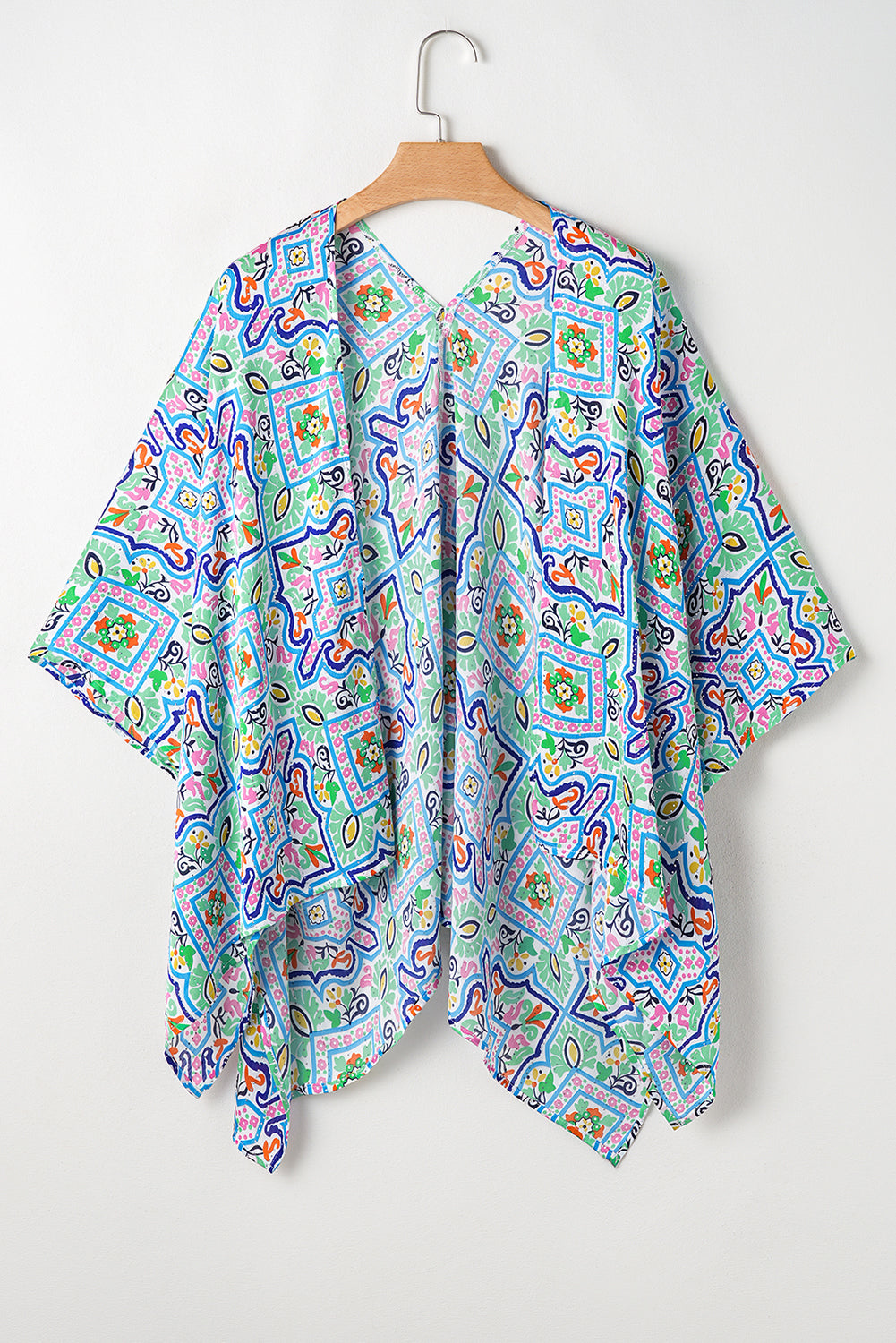 Kimono bohème à imprimé floral et strass, manches 3/4, ouvert sur le devant