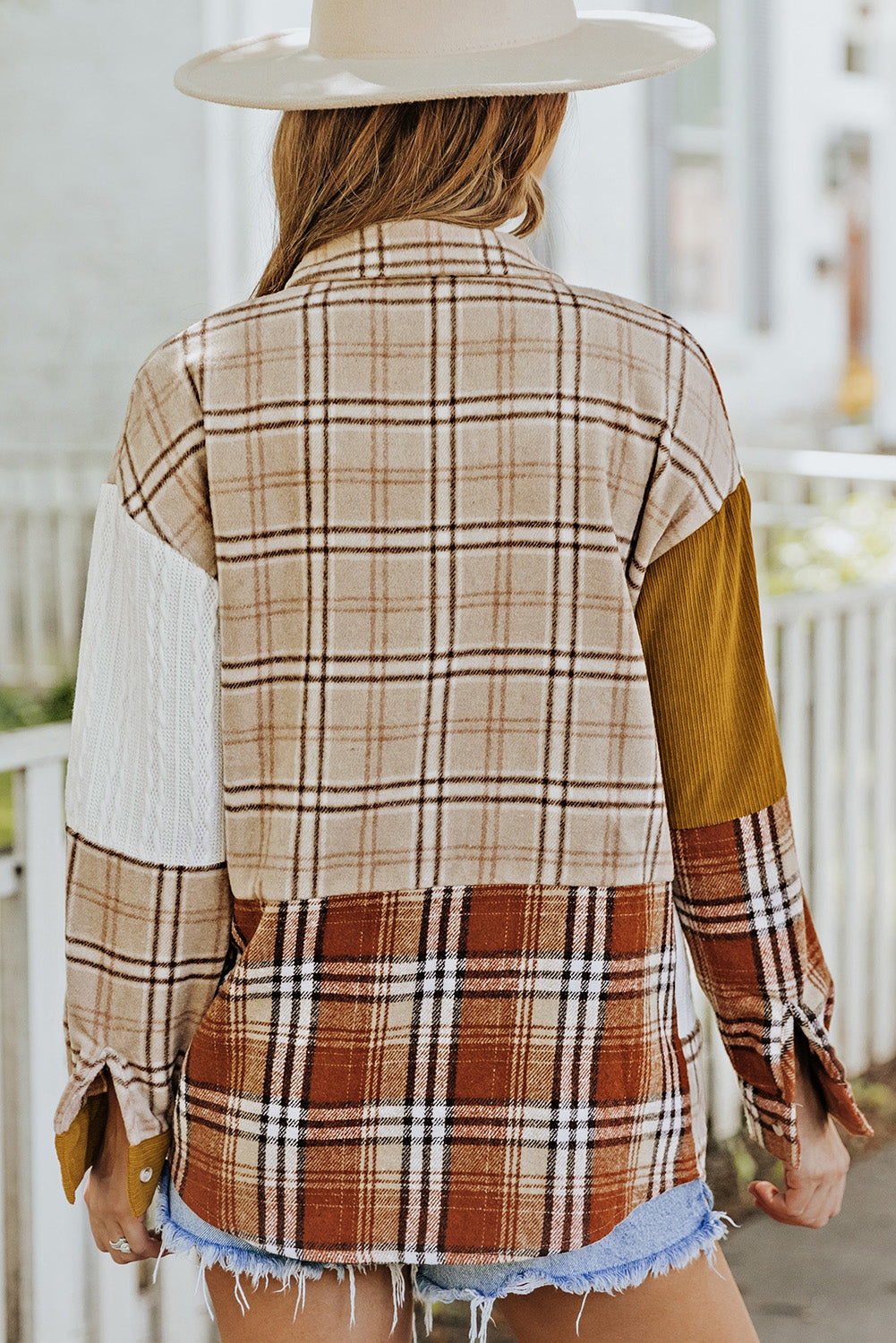 Veste chemise patchwork à carreaux orange avec poche et blocs de couleurs