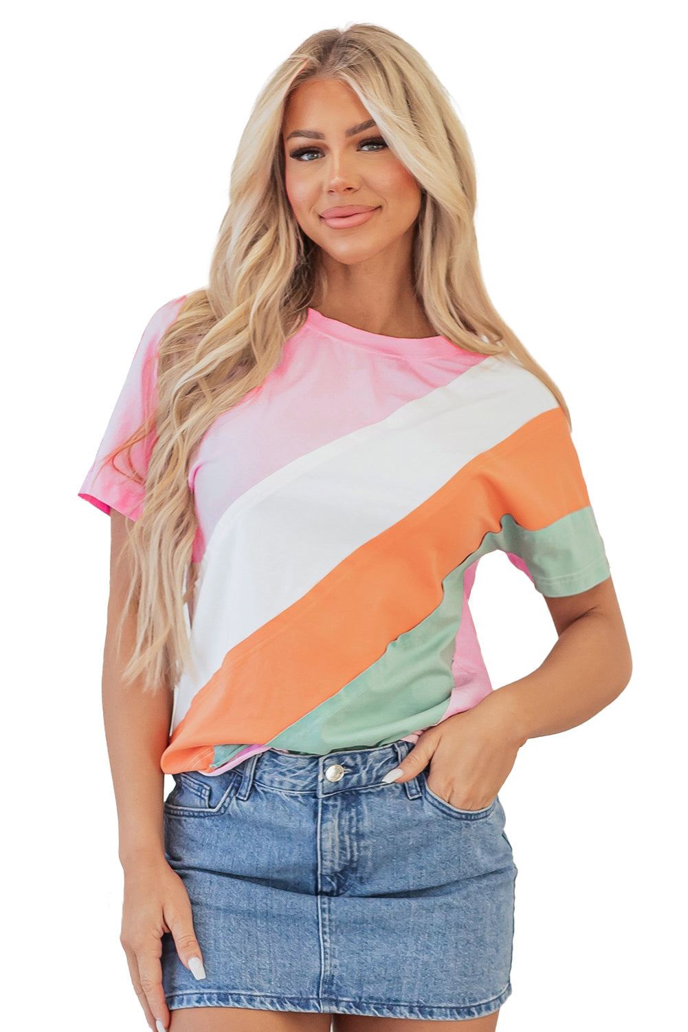 T-shirt ras du cou à coutures contrastées et patchwork
