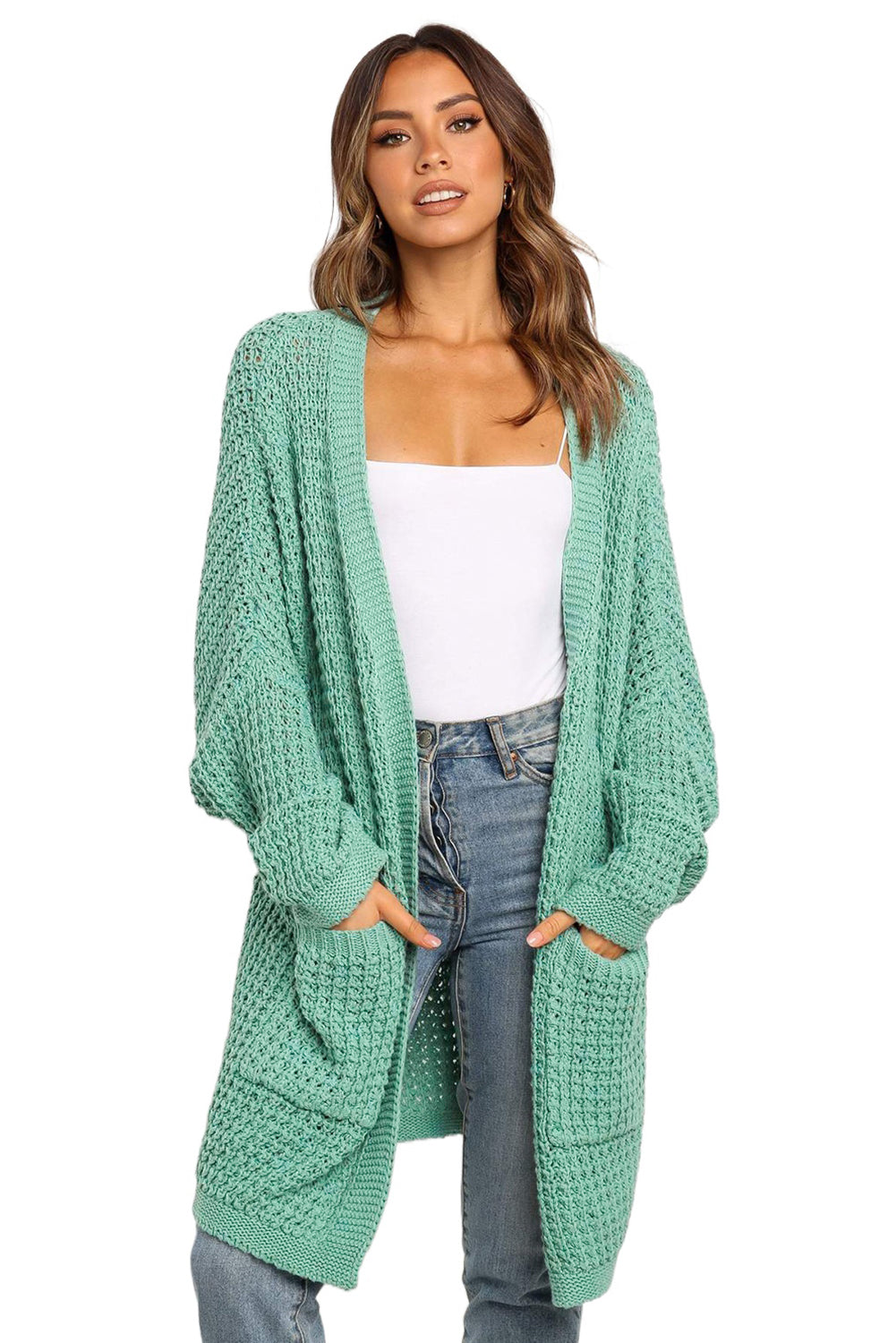 Cardigan tricoté vert longue ligne ouvert sur le devant avec poches