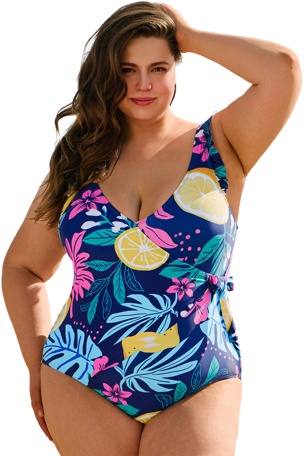 Maillot de bain une pièce grande taille imprimé col en V cache-cœur nœud volanté