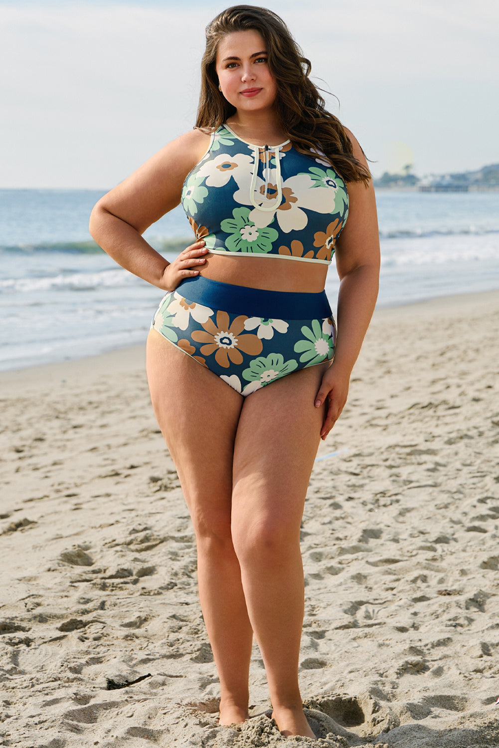 Bikini deux pièces grande taille zippé à imprimé floral