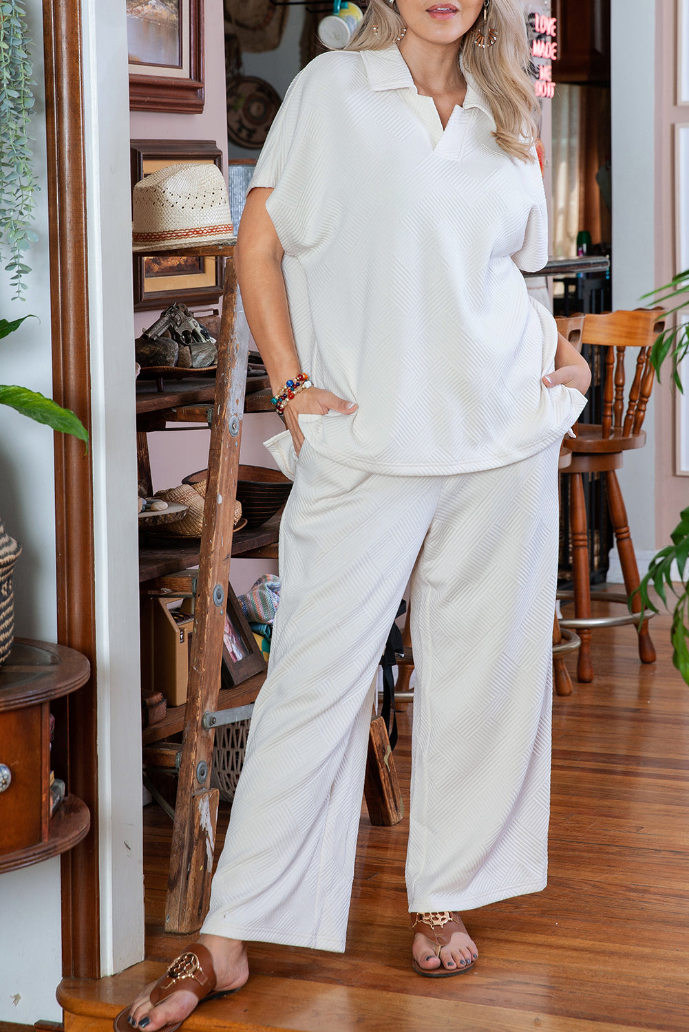 Ensemble Haut et Pantalon a Col Texturé de Grande Taille