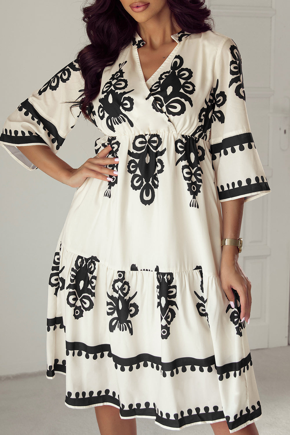 Robe midi ample a manches 3/4 et imprimé géométrique occidental