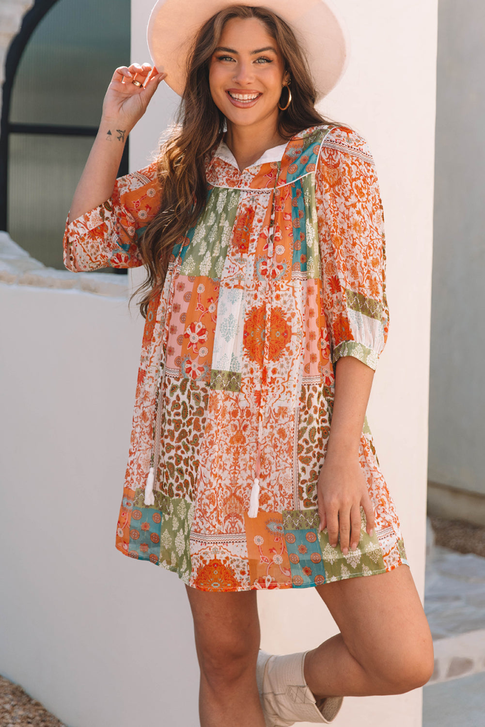Robe ample en mousseline de soie à imprimé cachemire bohème et manches 3/4