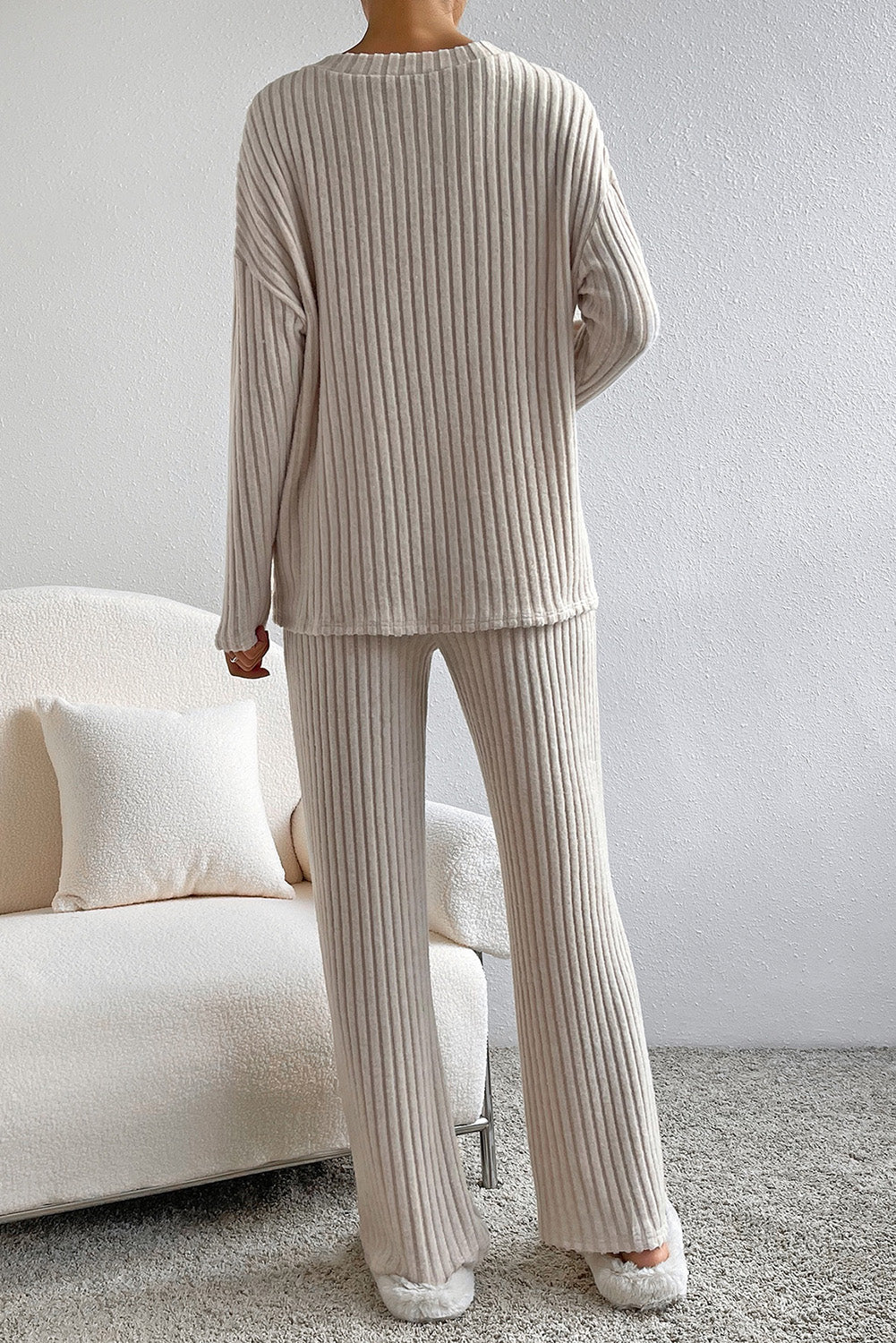 Ensemble Pull et Pantalon Côtelé a Col en V de Grande Taille