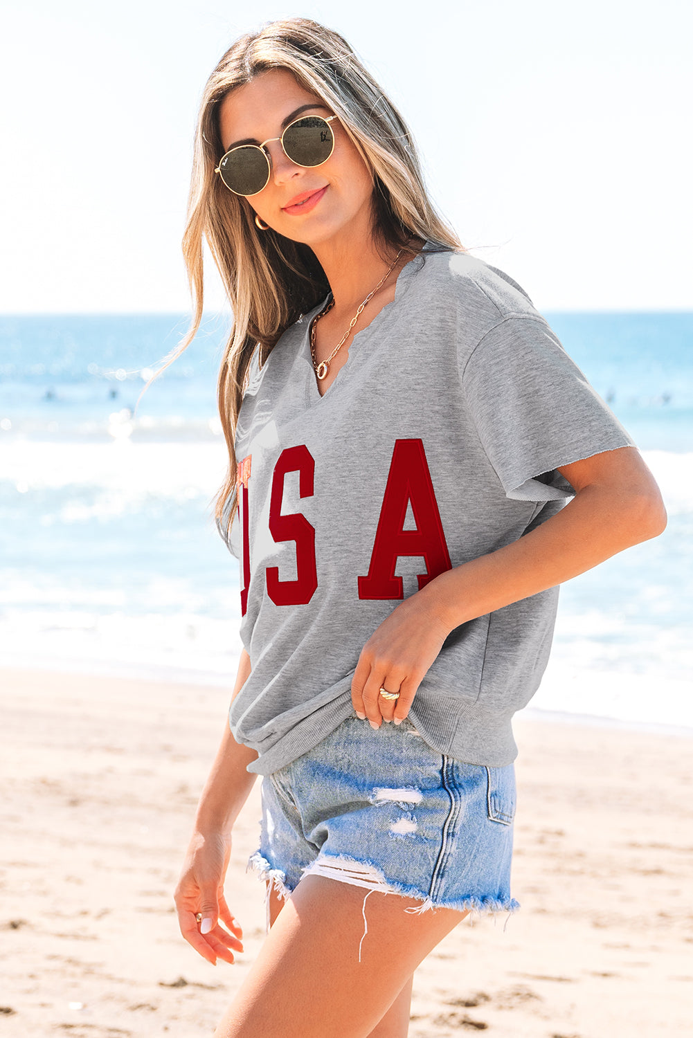 T-shirt ample à col cranté et inscription USA