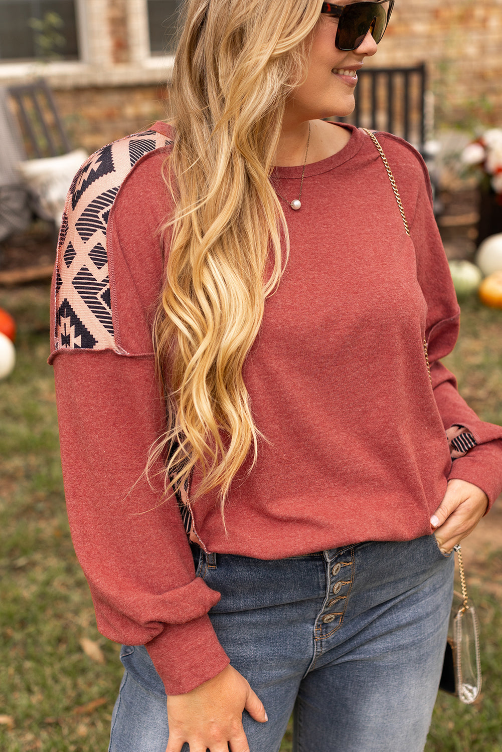 Sweat-shirt Haut Bas a Epaule Tombante Aztèque Patchwork Grande Taille