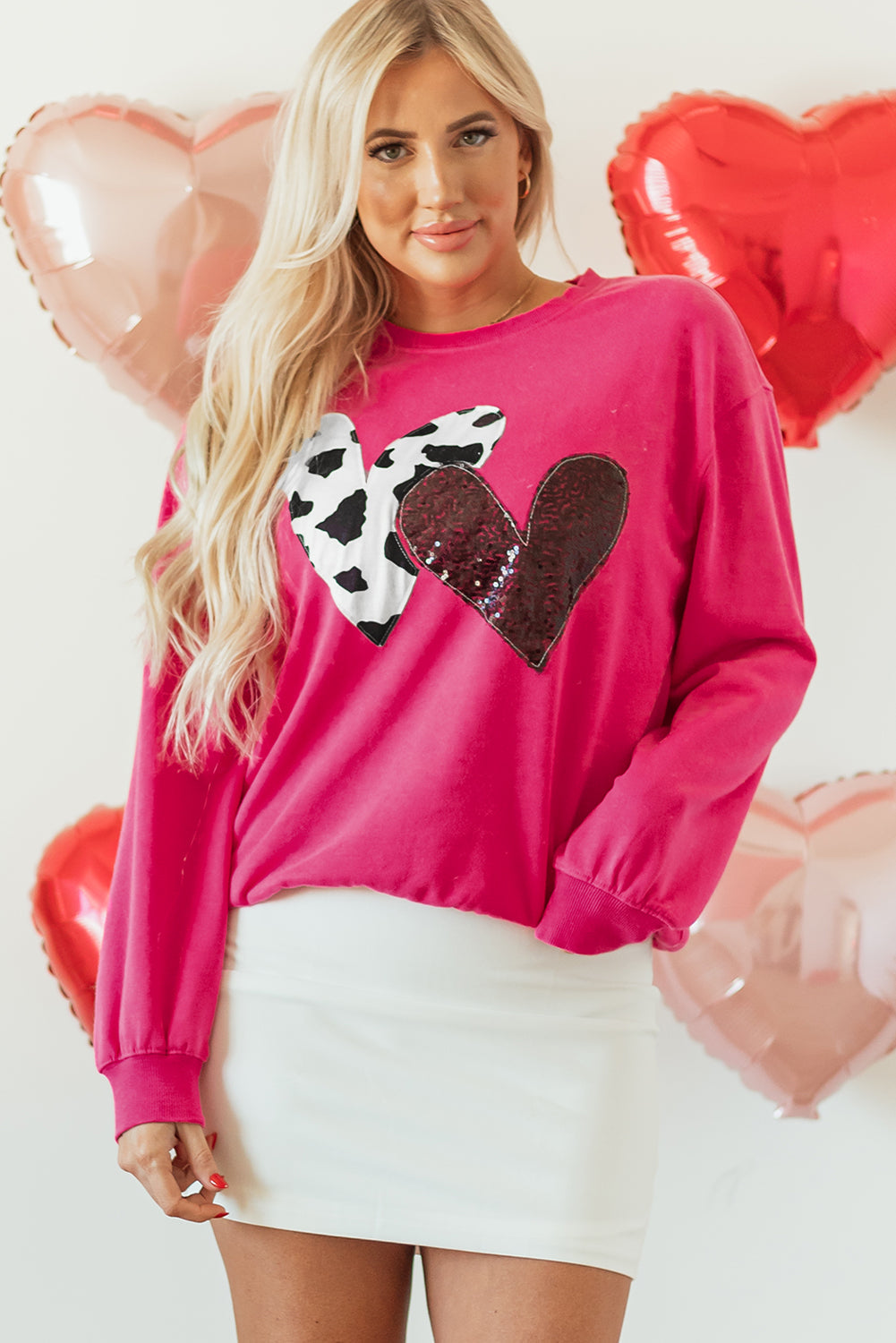 Sweat-shirt graphique a patch double cœur en vache et sequins