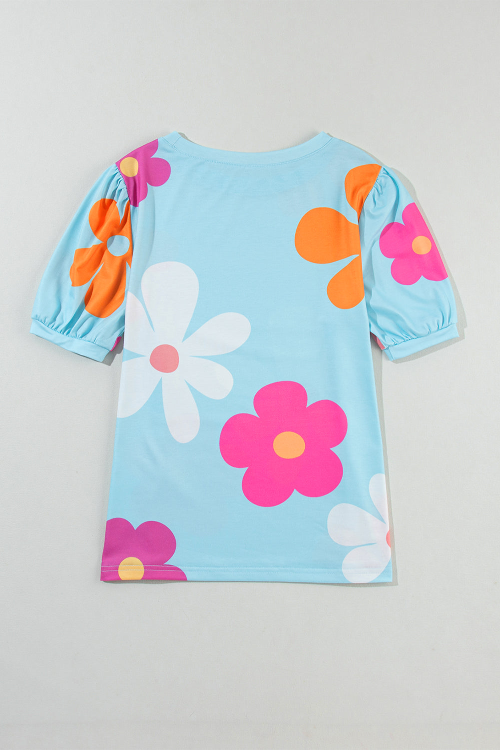 T-shirt à manches bulles et imprimé fleurs bleu ciel