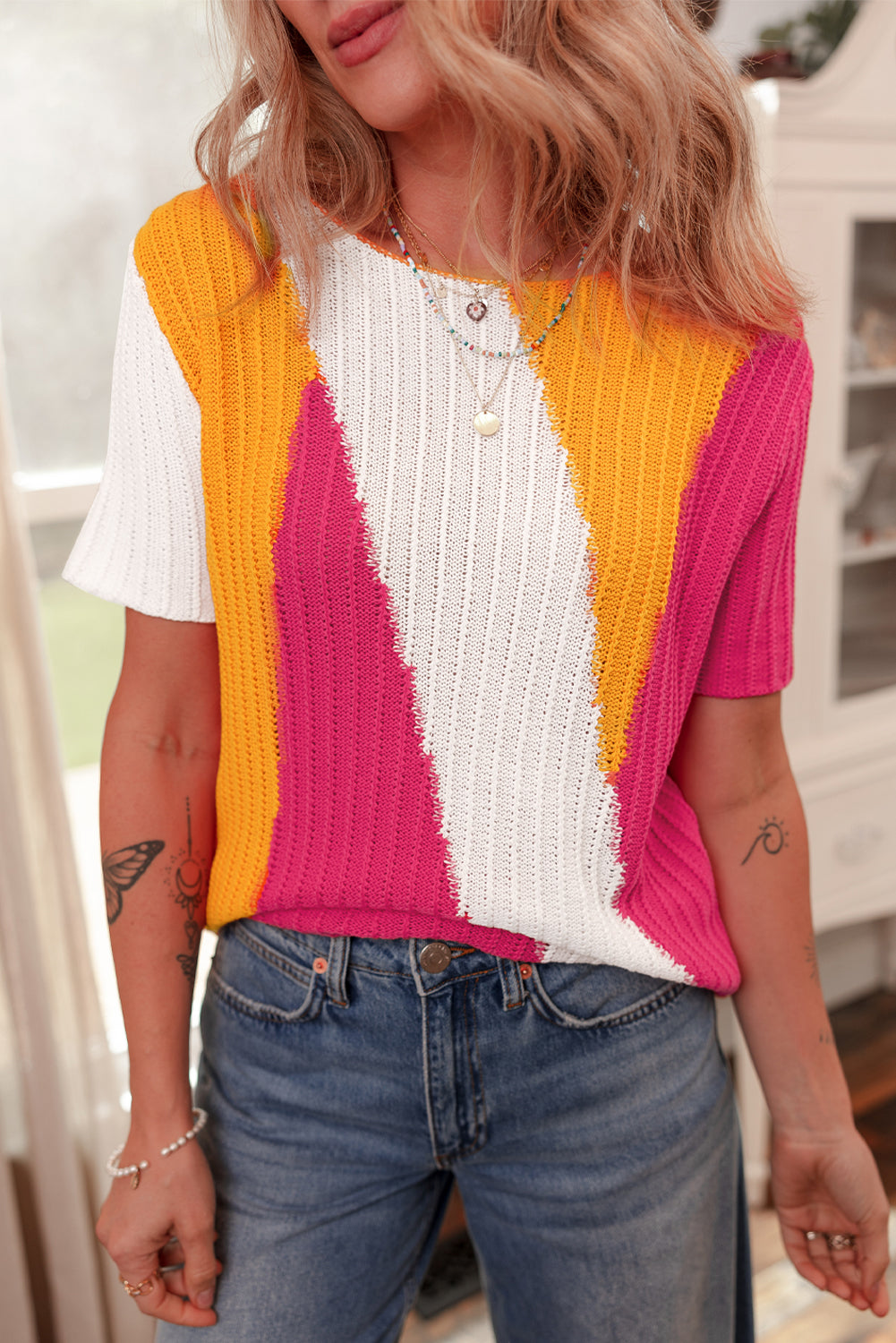 Pull a manches courtes en tricot texturé color block