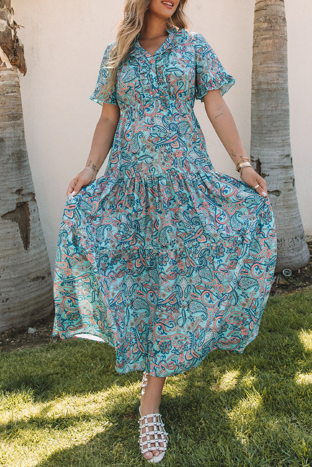 Robe longue bohème à imprimé cachemire et volants pour les vacances
