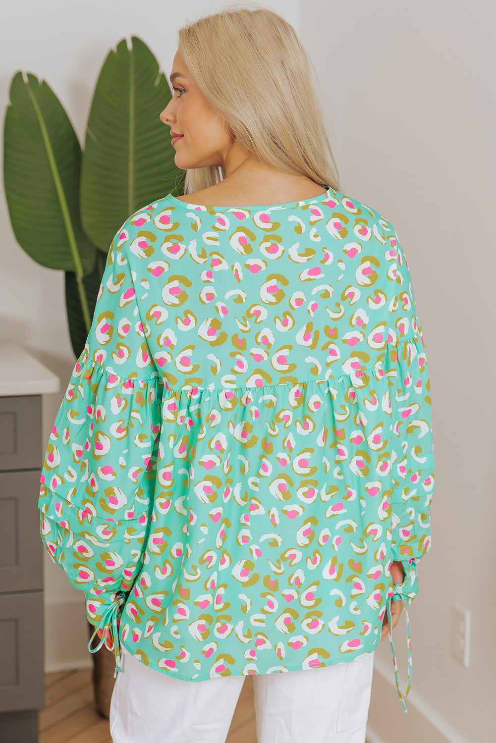 Chemisier babydoll a lacets et imprimé abstrait a manches lanternes