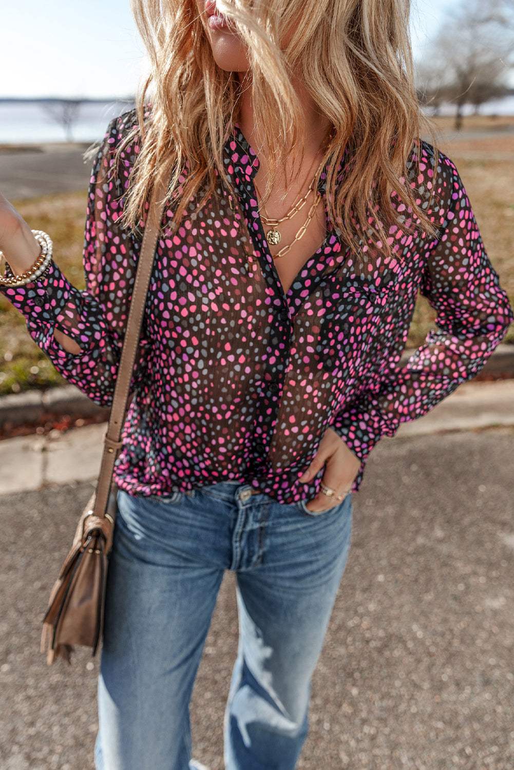 Chemise décontractée boutonnée imprimée à pois
