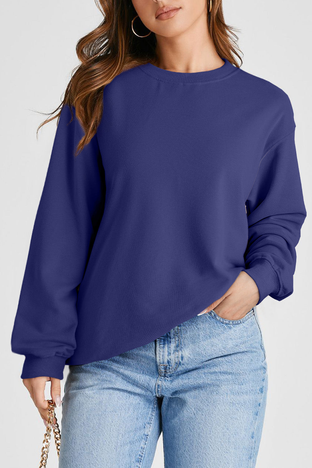 Sweat-shirt uni a col rond et épaules tombantes