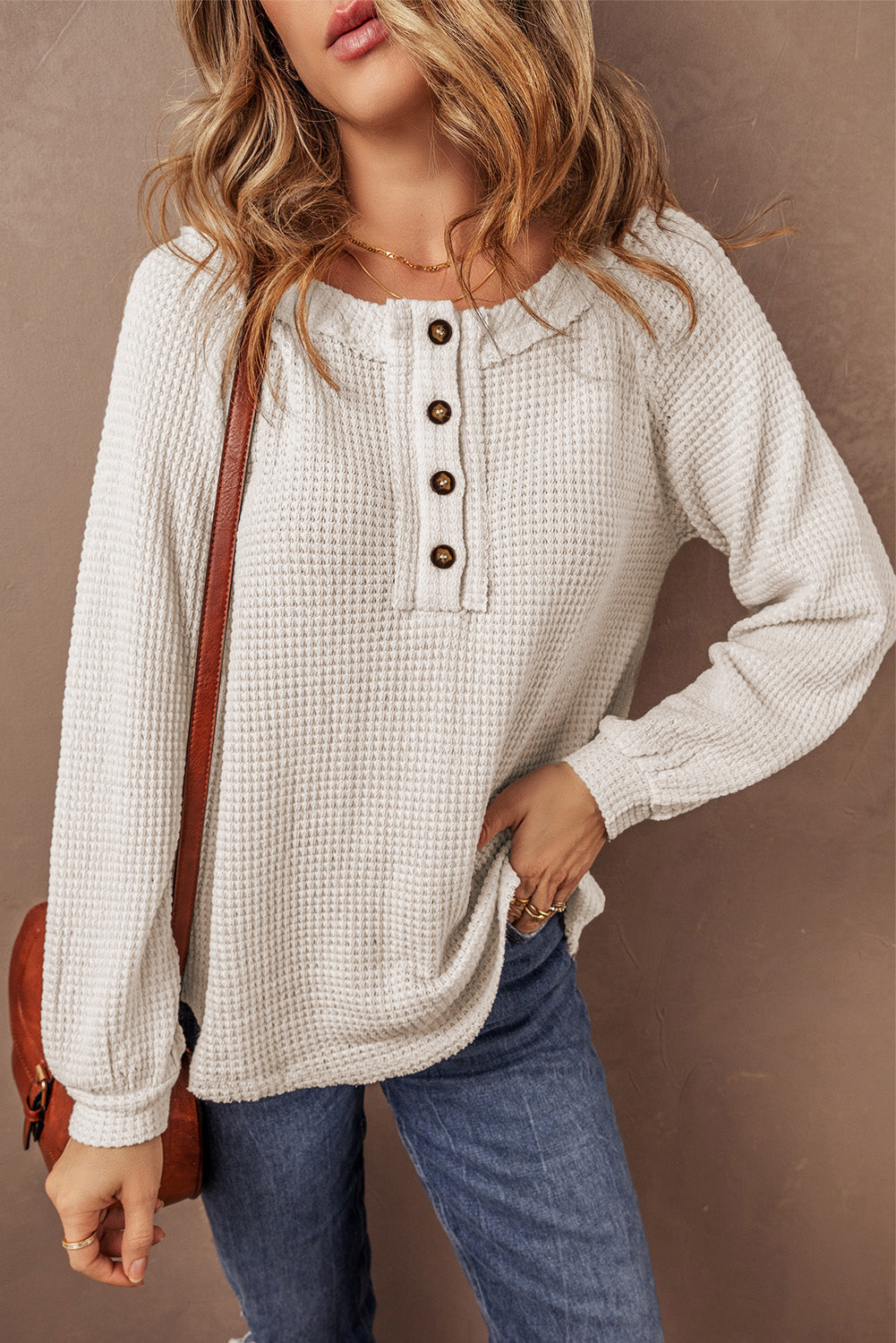 Blouse ample à manches raglan boutonnée sur le devant en tricot gaufré