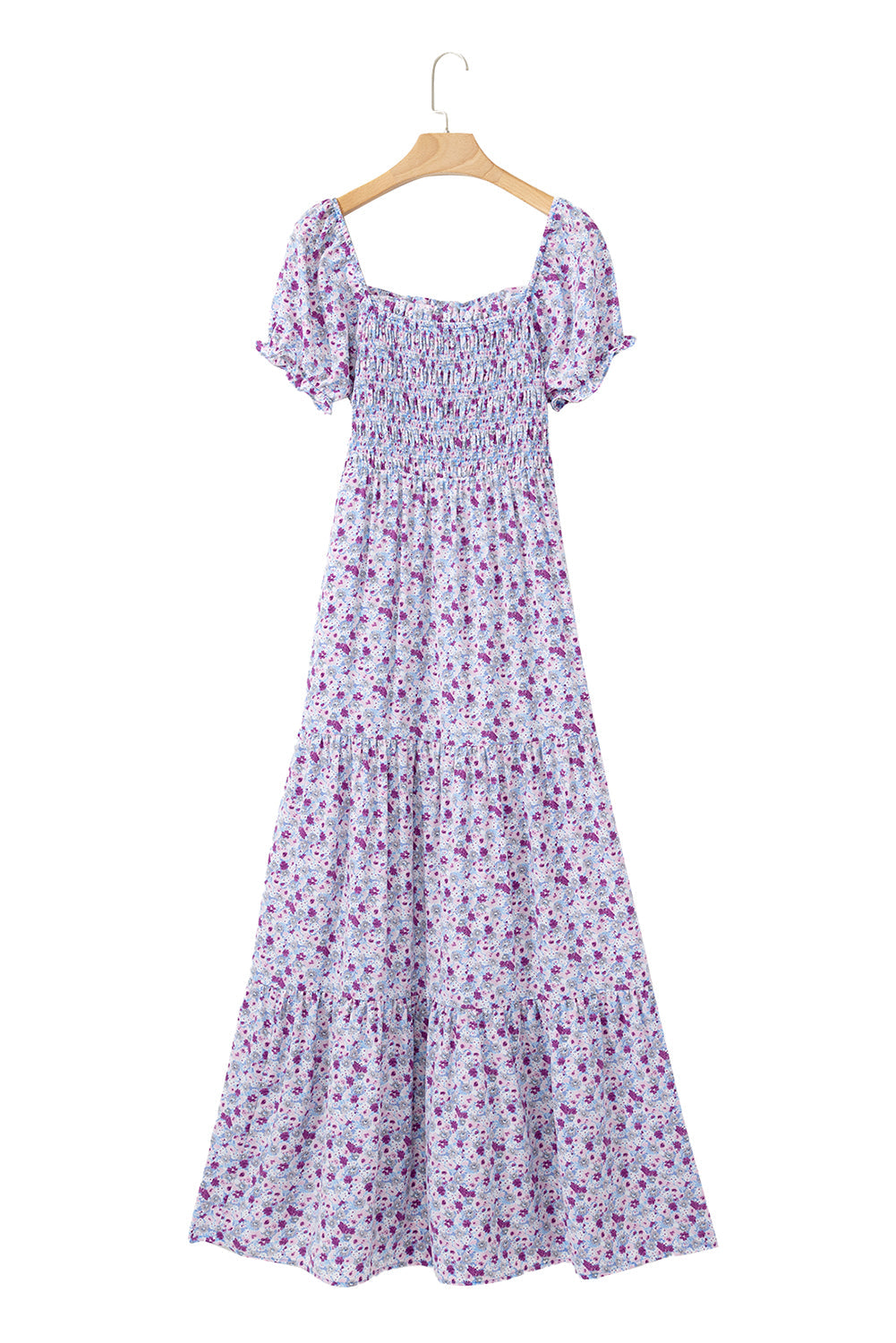 Robe longue fleurie à manches courtes bouffantes et taille haute froncée