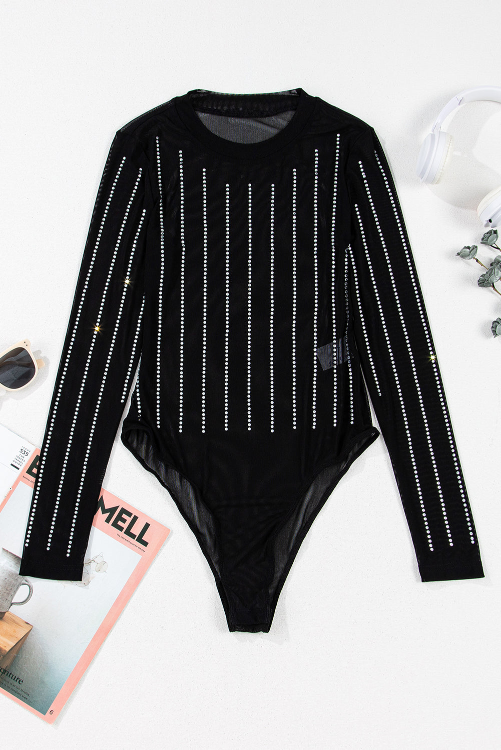 Body à manches longues en maille rayée avec décor en strass