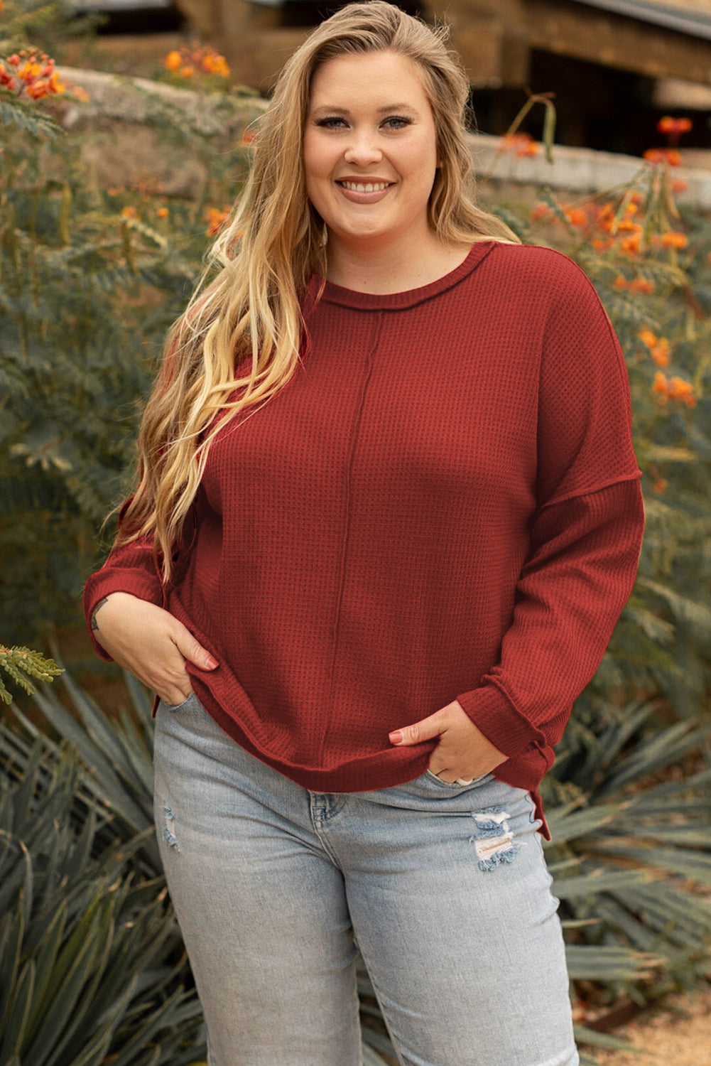 Haut en tricot gaufré avec coutures apparentes de grande taille