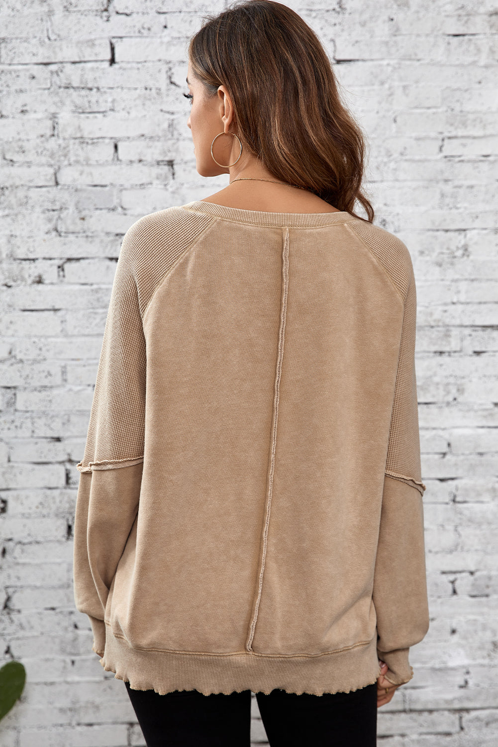 Sweat-shirt à manches raglan et patchwork en tricot gaufré uni