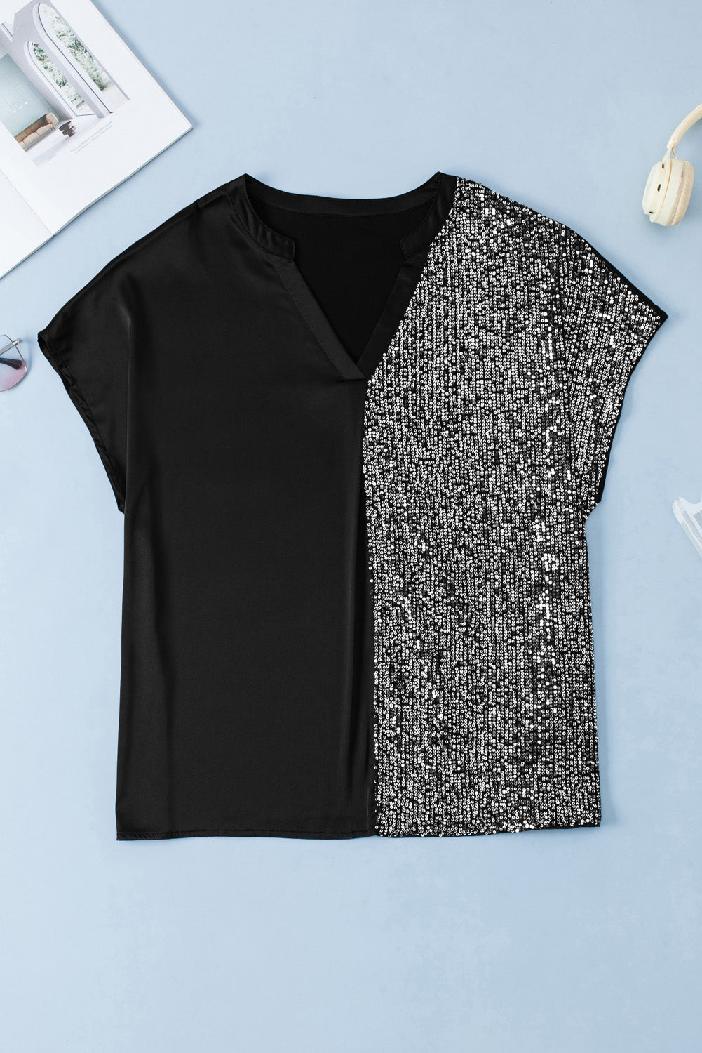 T-shirt Patchwork à Paillettes et Col en V de Grande Taille