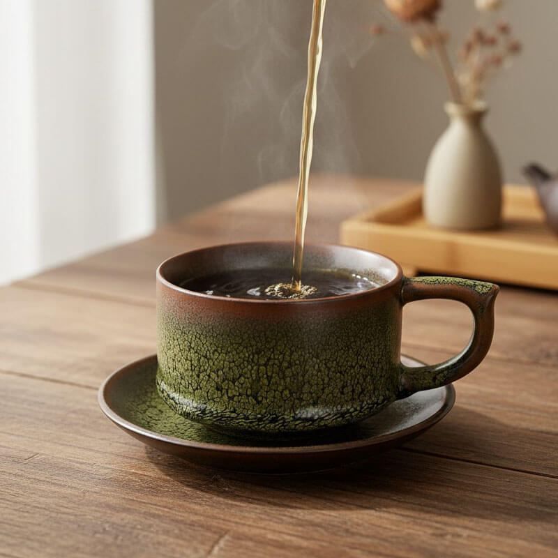 Green Partridge Jian Zhan Tenmoku Coffee Tea Cup and Saucers