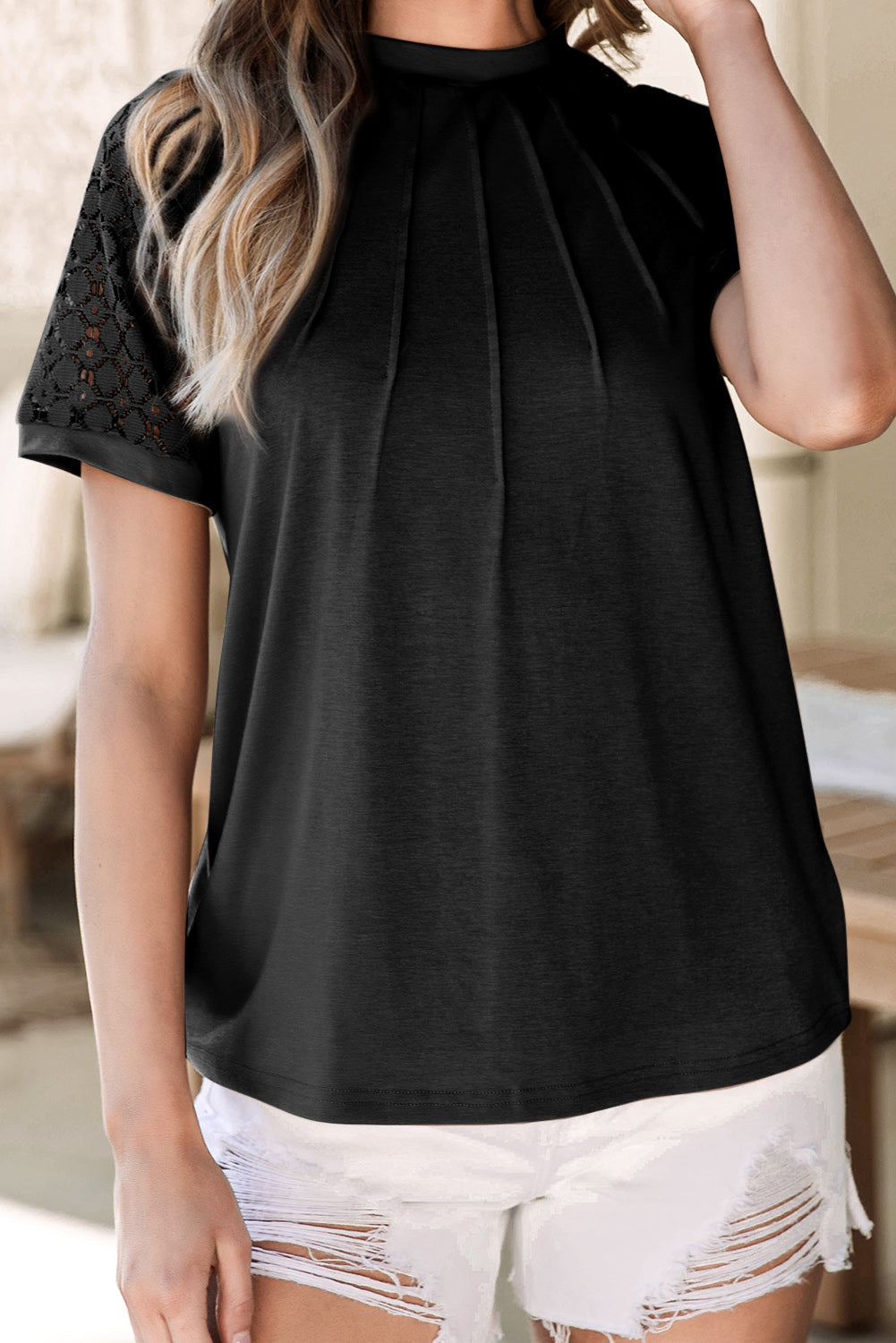 T-shirt raglan en dentelle contrastée avec coutures