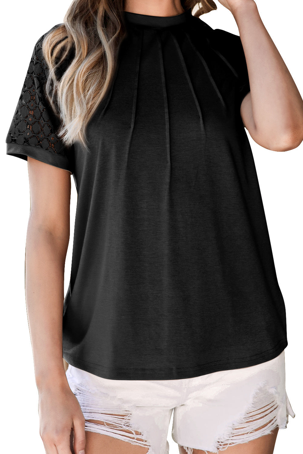 T-shirt raglan en dentelle contrastée avec coutures