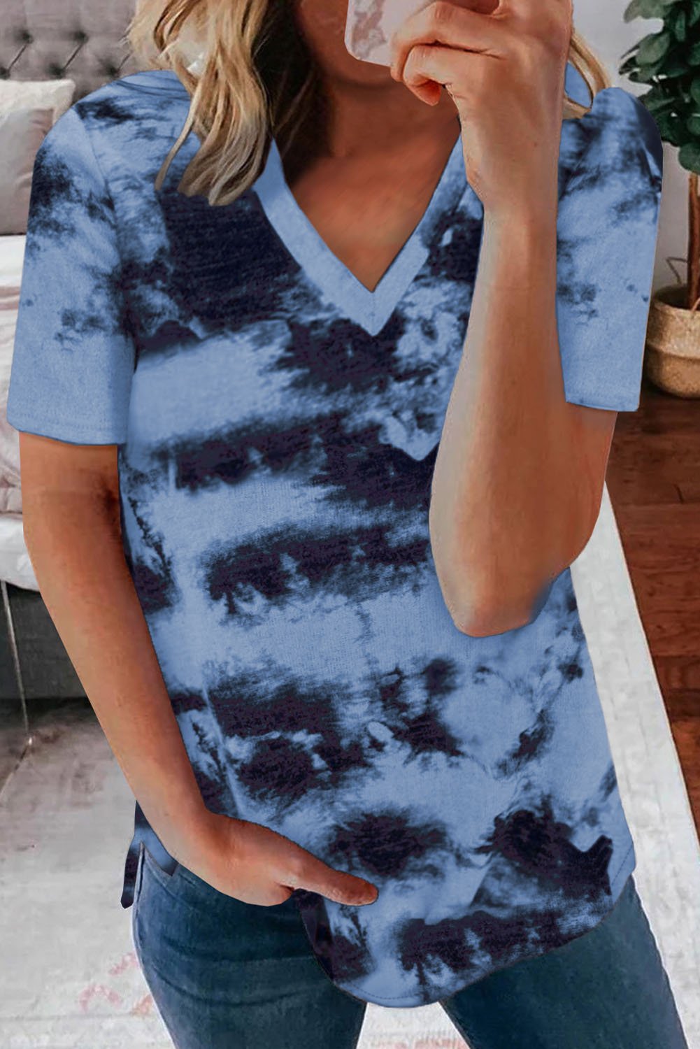 T-shirt Col en V Bleu Tie-dye Pour Femmes