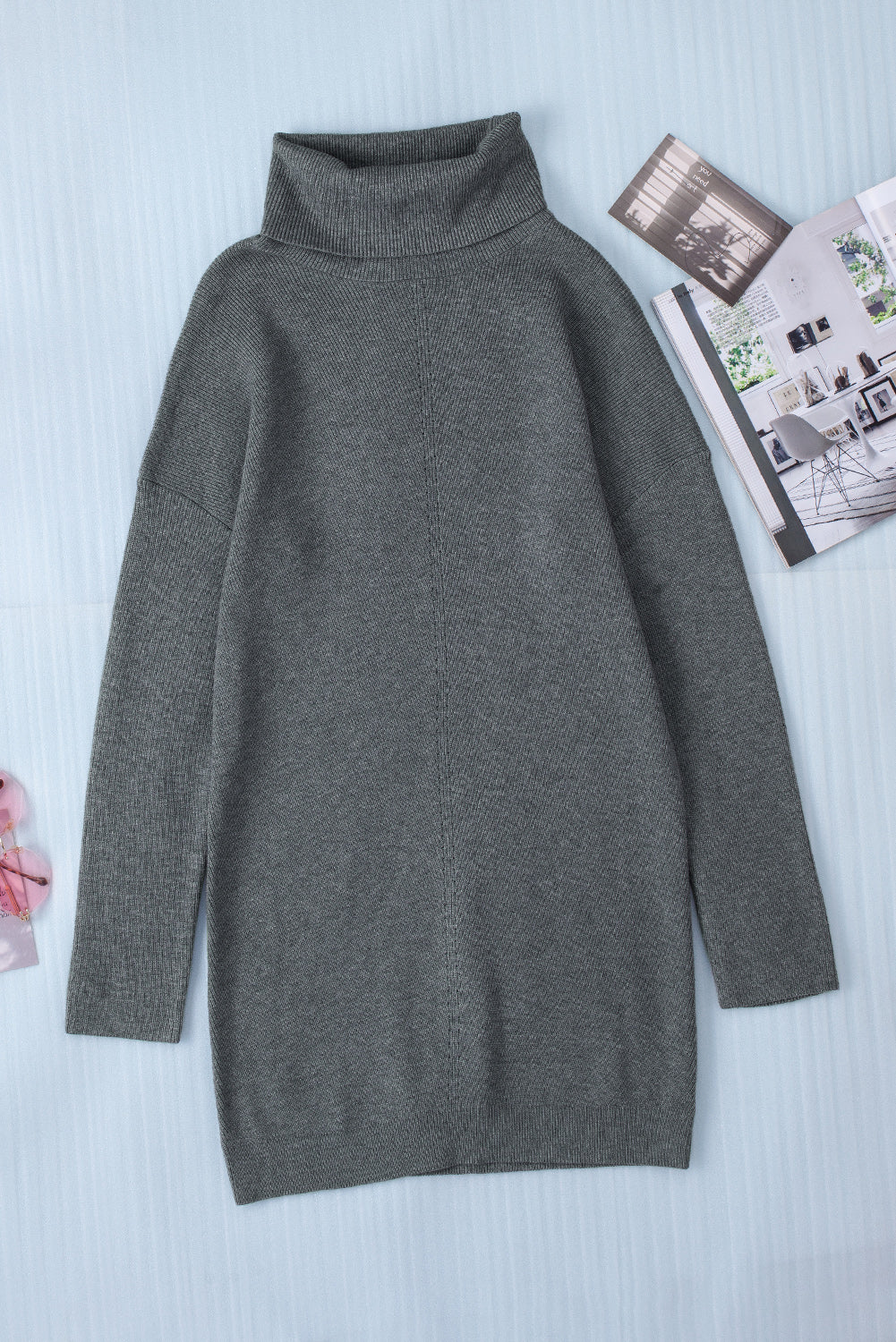 Robe Pull Col Roule Moulante Gris Manches Longues