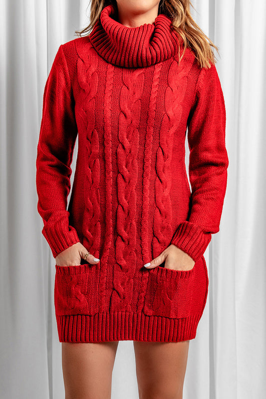 Robe Pull Rouge Col Roule Femme Hiver Tricot de Cable