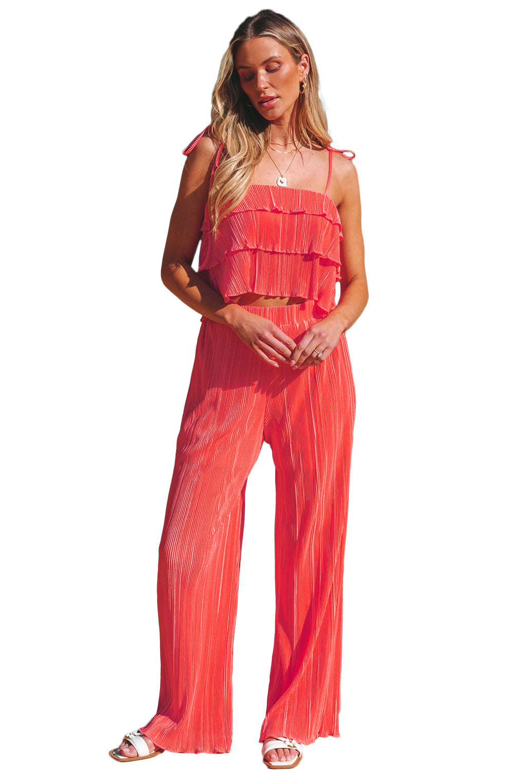Ensemble pantalon large plissé caraco à volants et volants