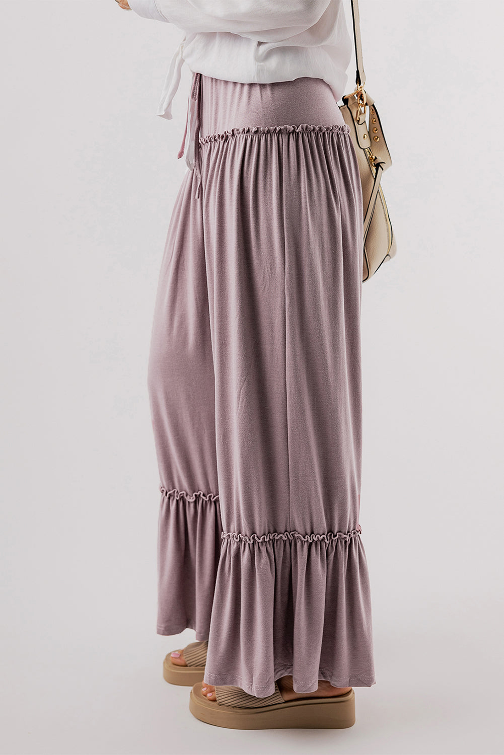 Pantalon large taille haute avec cordon de serrage et volants