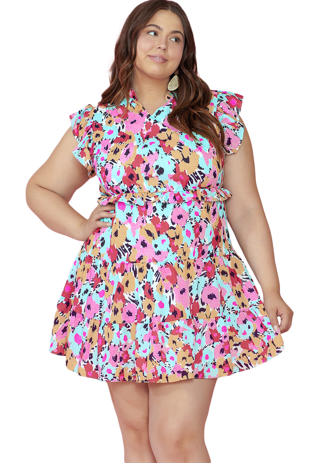 Mini-Robe Florale à Volants et Mancherons Grande Taille