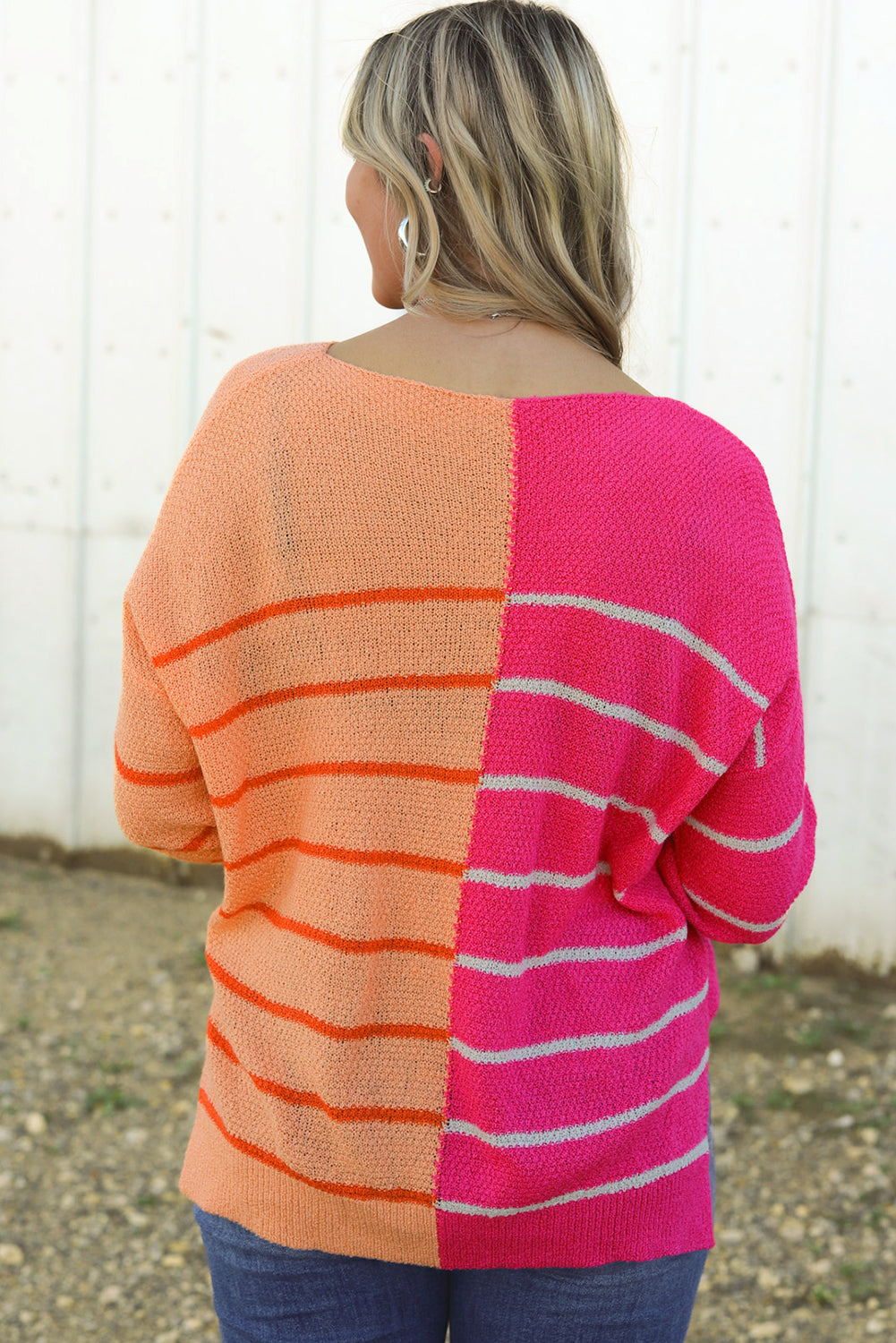 Pull en tricot à rayures et blocs de couleurs, coupe ample