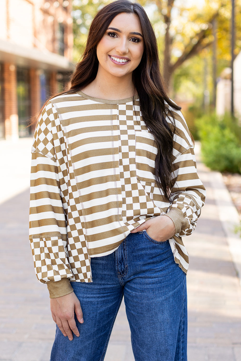 Blouse a poches et manches lanternes en patchwork rayé en damier