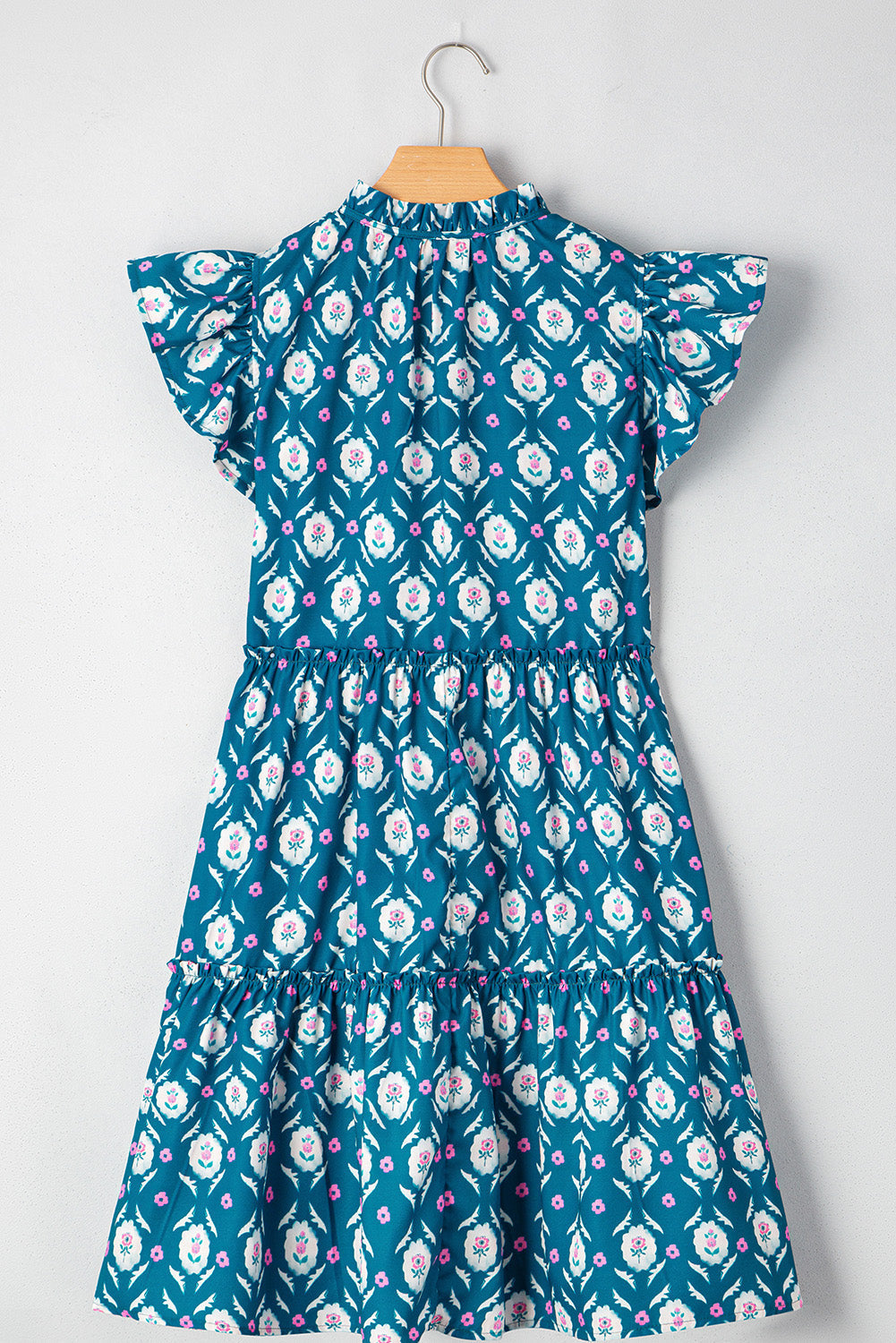 Robe à imprimé floral rétro, col fendu, volants, manches courtes