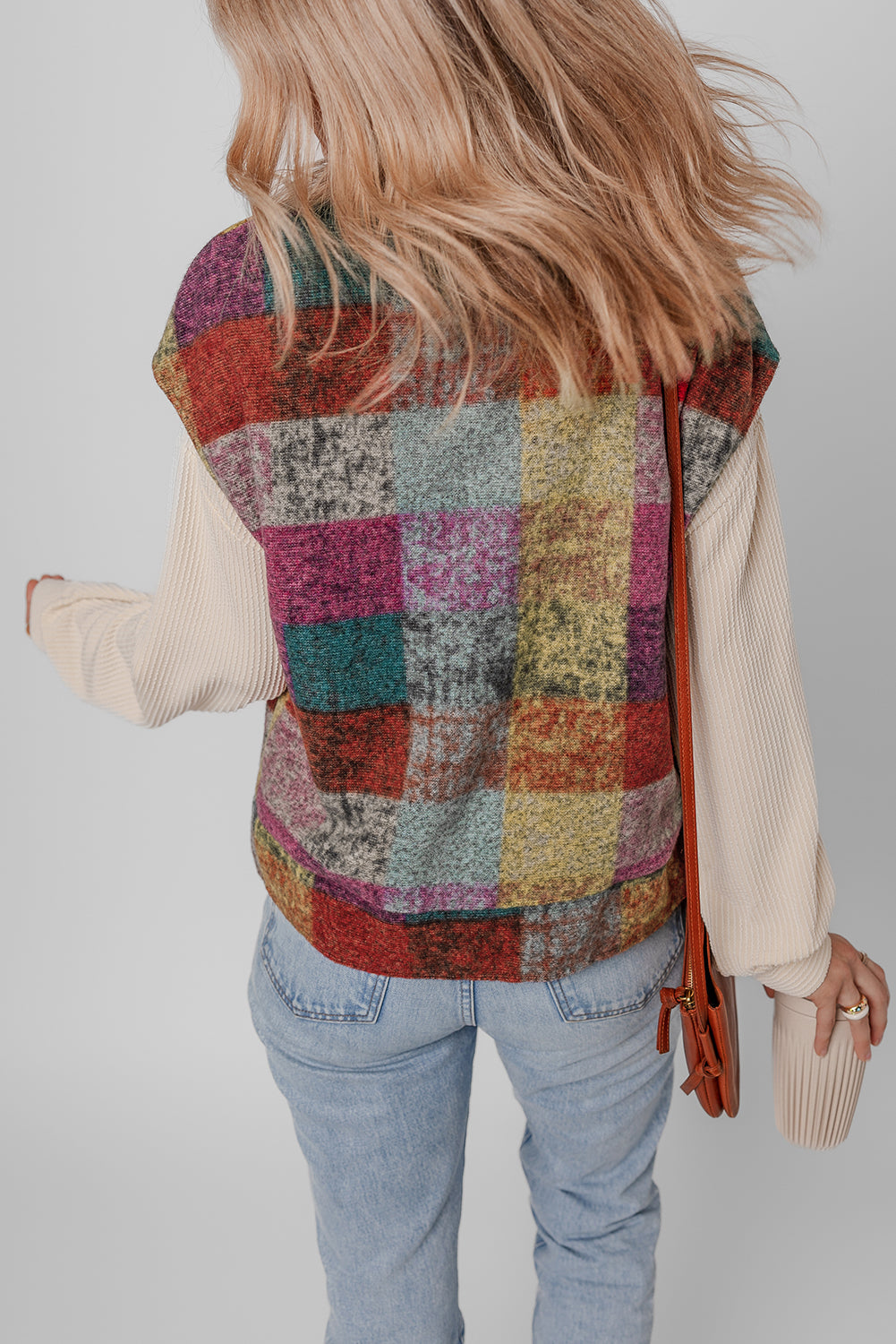 Gilet ample zippé a carreaux et poches latérales