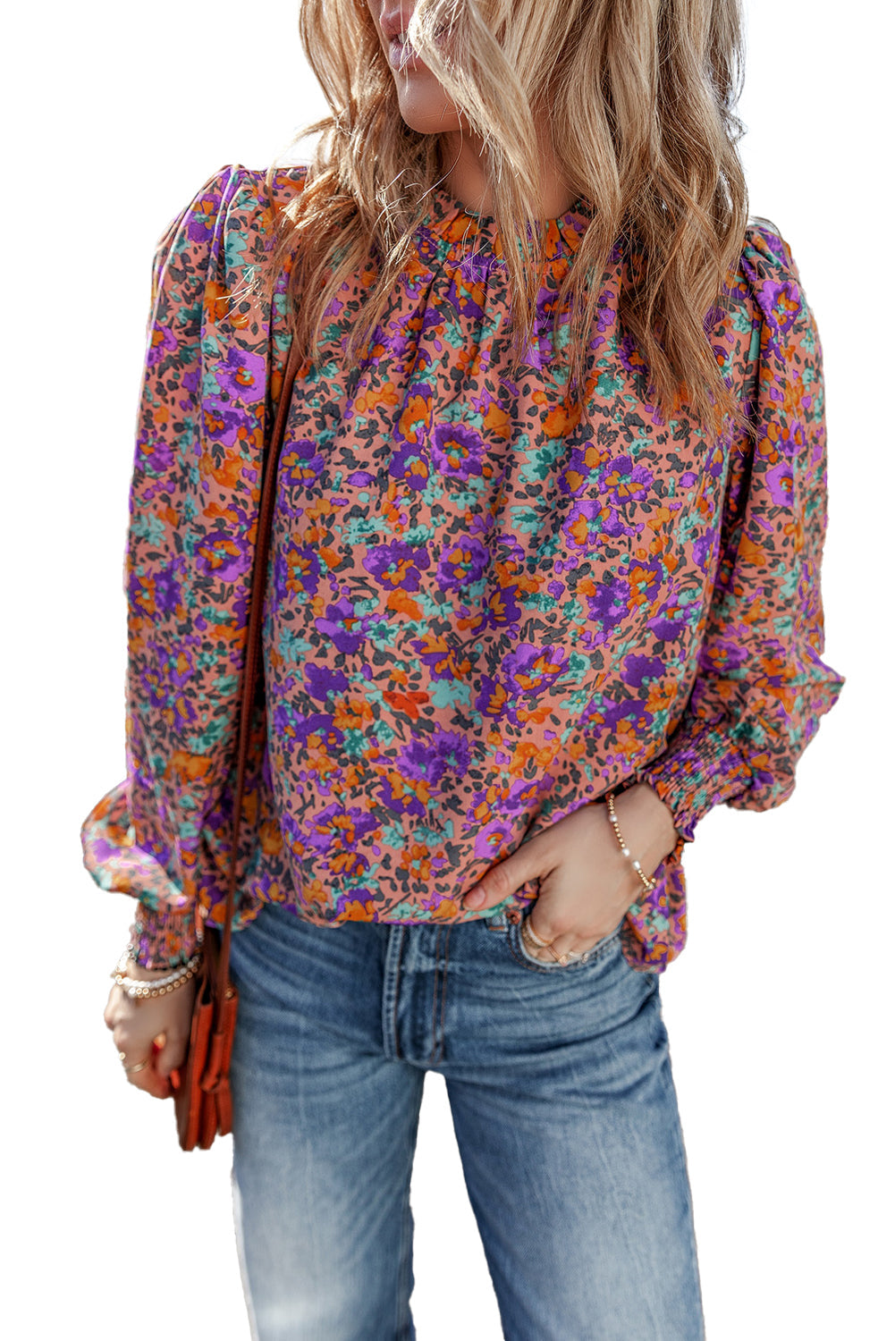 Blouse à col rond à volants et manchettes froncées à imprimé floral