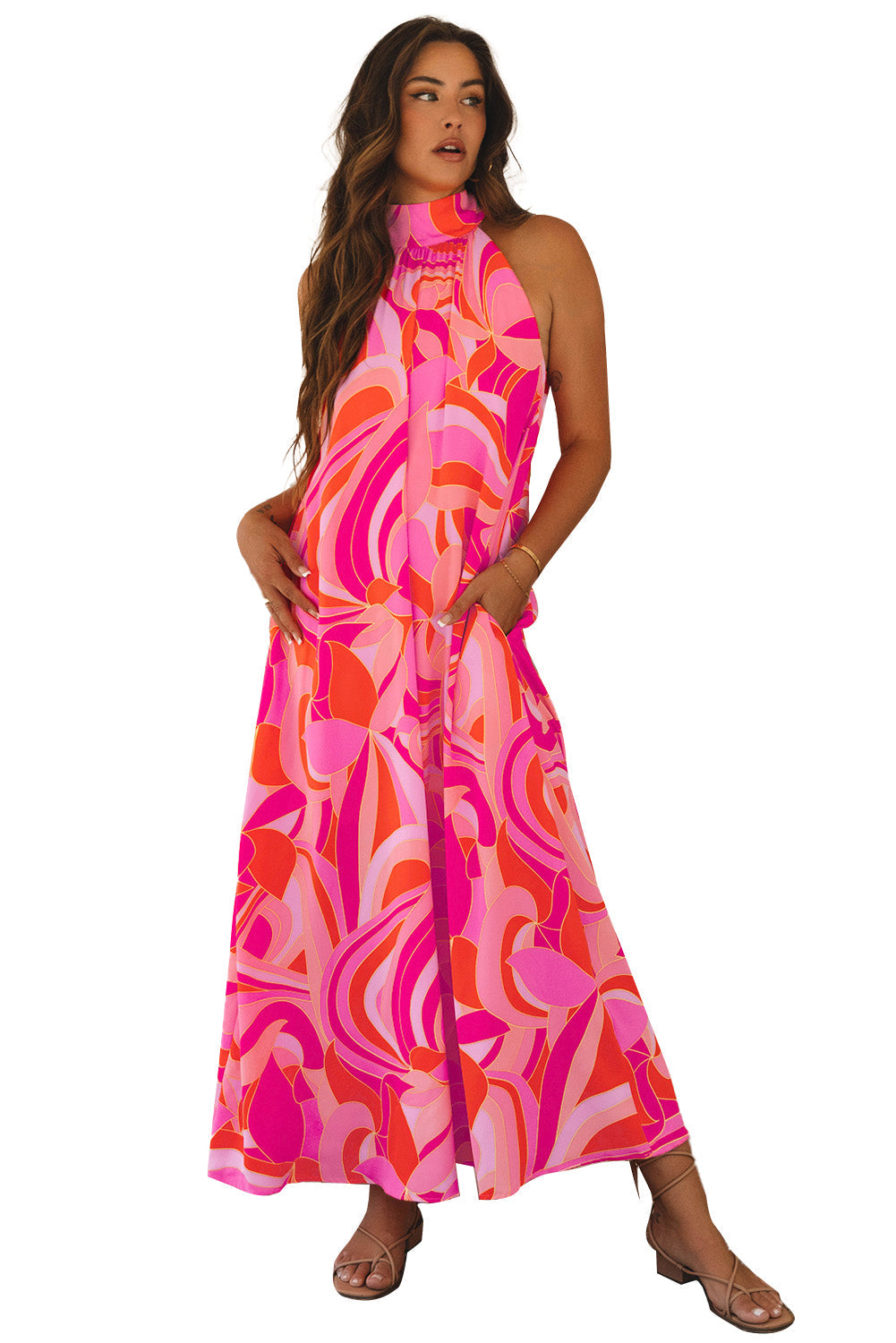 Robe longue sans manches à imprimé abstrait, col haut et nuque nouée
