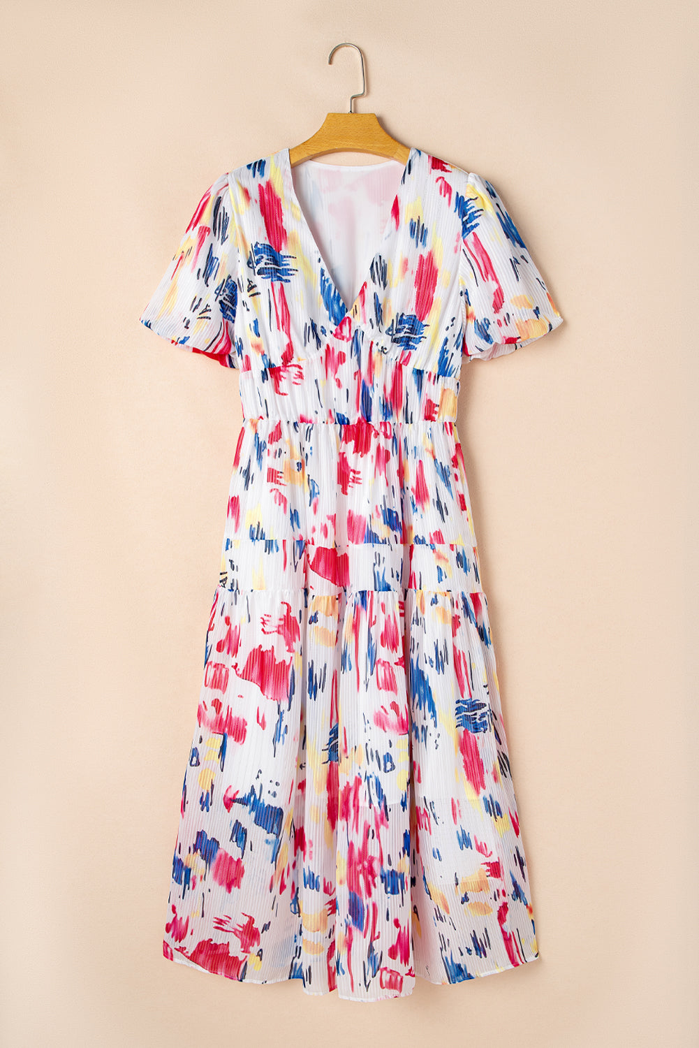 Robe longue à volants et manches courtes bouffantes à imprimé abstrait