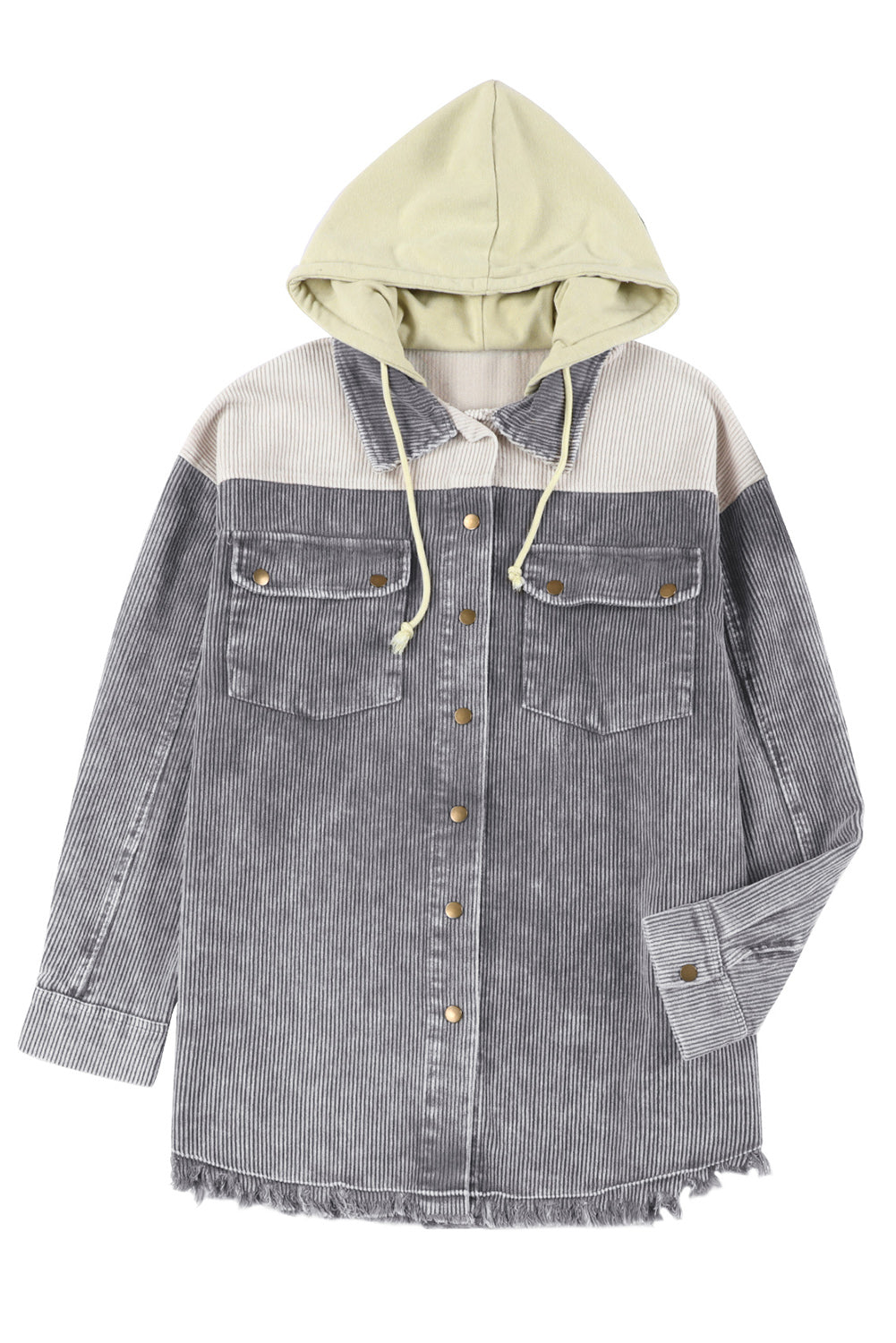 Veste grise a capuche boutonnée en velours côtelé color block