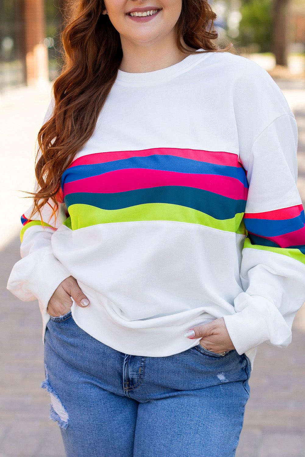Sweat-shirt Ample Rayé Coloré a Goutte Épaule de Grande Taille