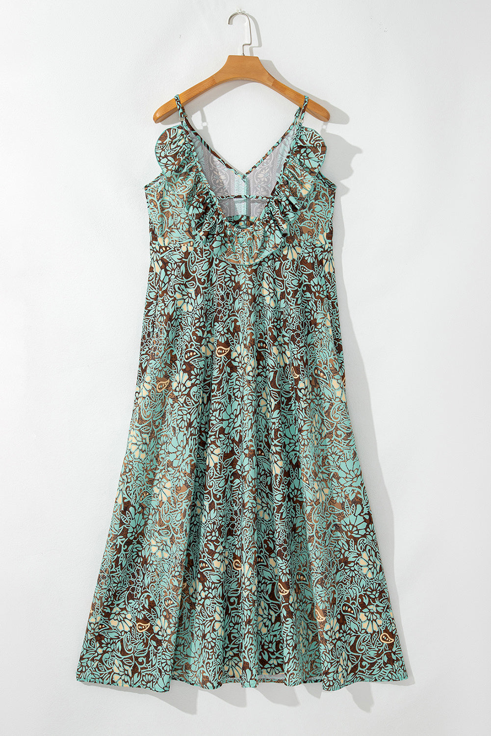 Robe longue à imprimé floral, col en V, bordure à volants, dos nu, taille à pompons