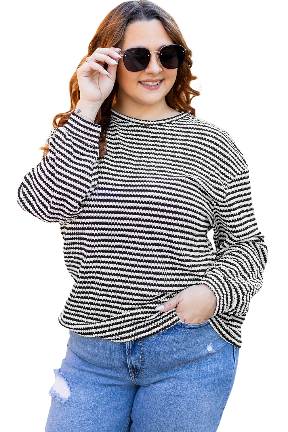 T-shirt a manches longues bouffantes et épaules tombantes, col rond, grande taille