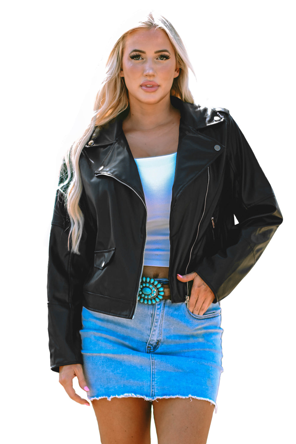 Veste zippée a col a revers en cuir PU