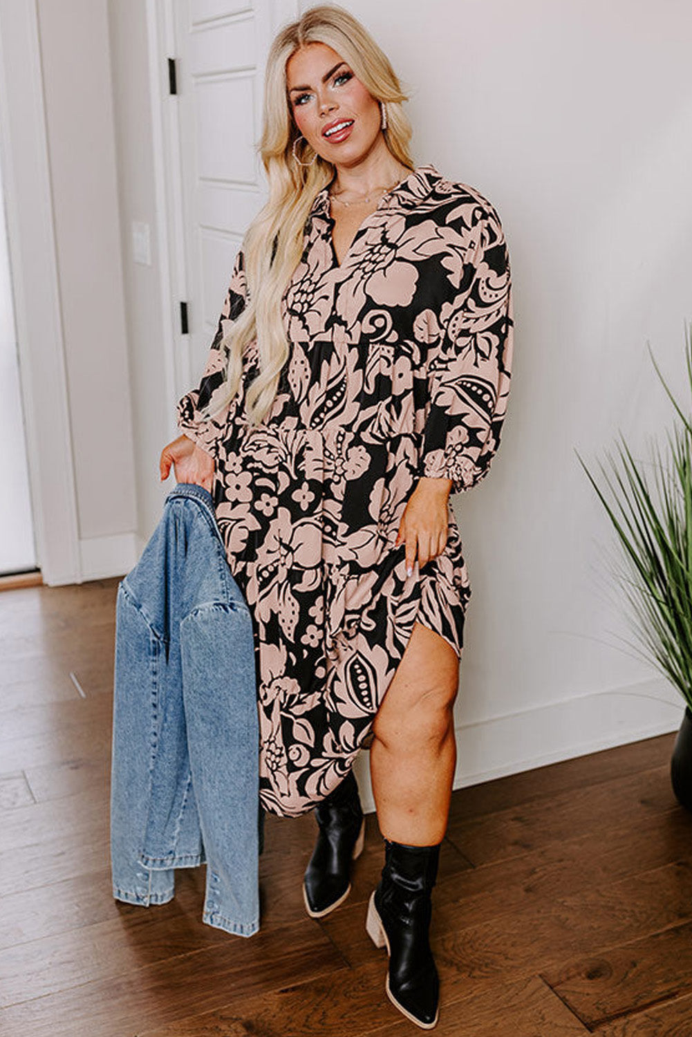 Robe Longue a Col Imprimé Floral et Manches Bouffantes de Grande Taille