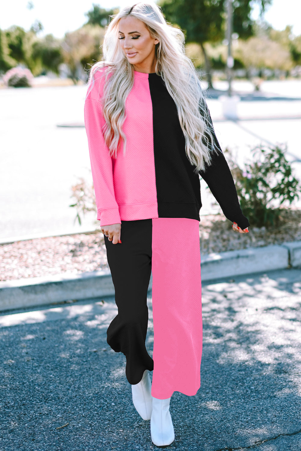 Tenue 2 pièces décontractée texturée à blocs de couleurs contrastées