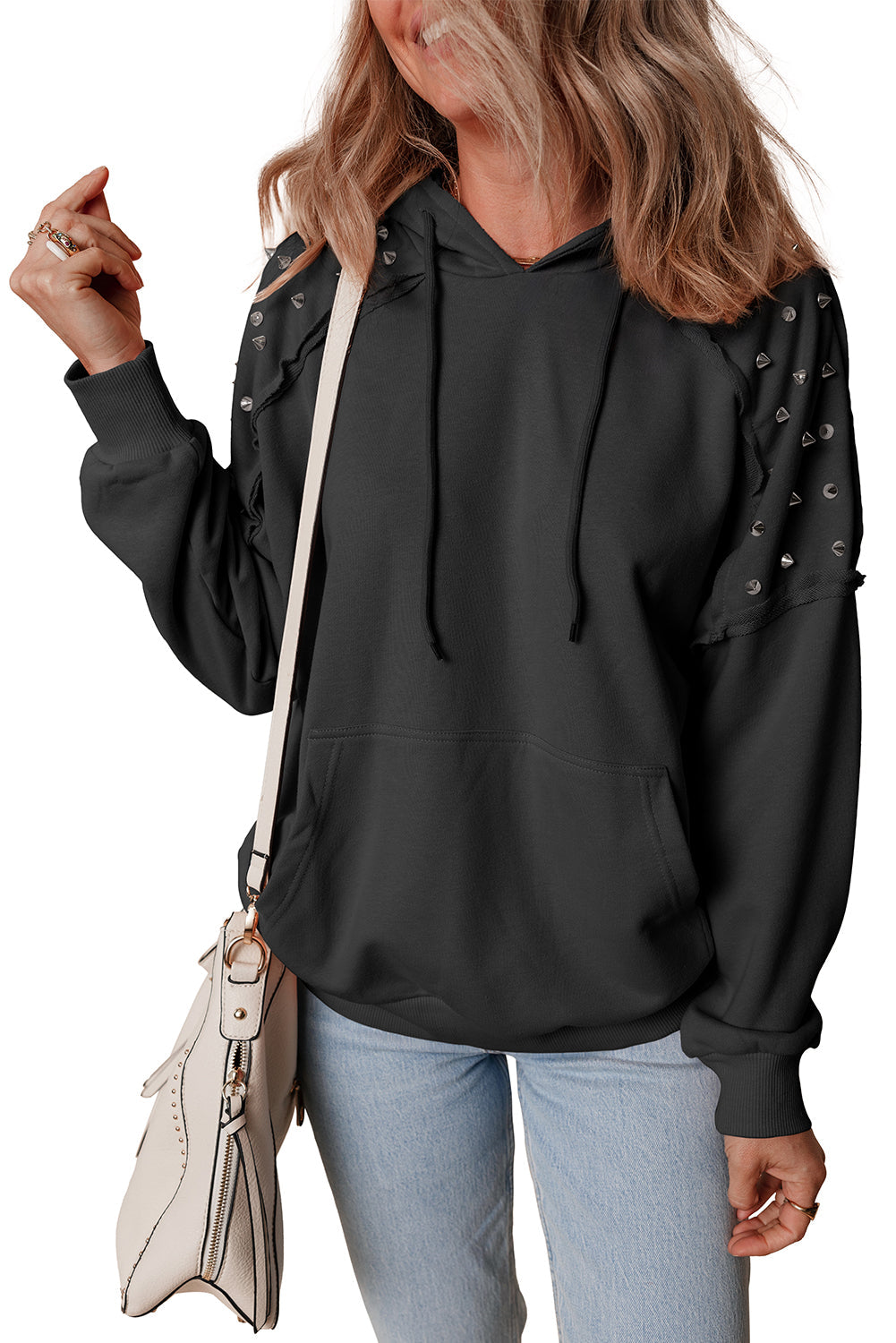 Sweat à capuche à manches raglan et rivets de couleur unie avec poche